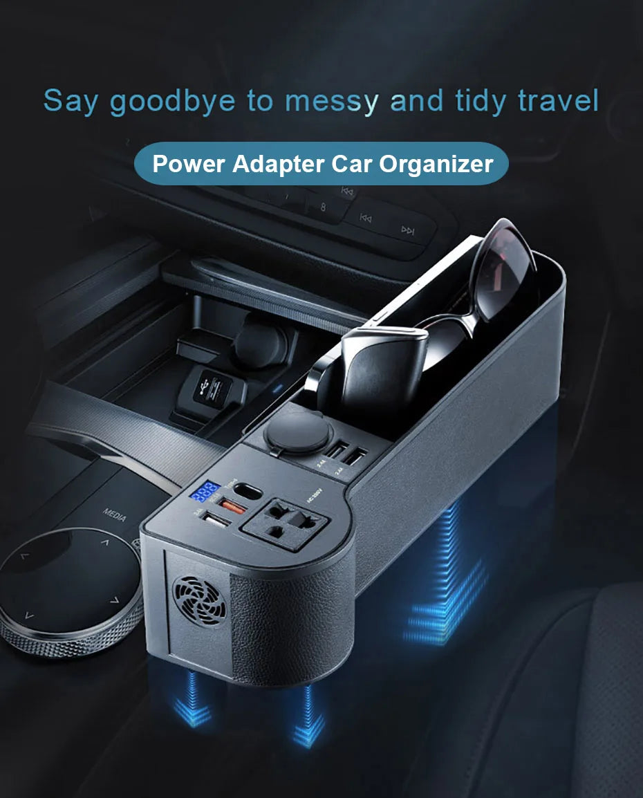SEAMETAL Car Organizer Storage with 12V/24V to 220V Inverter 4-USB Ports QC3.0 Fast Charging for SmartphoneSeat Crevice Storage Box