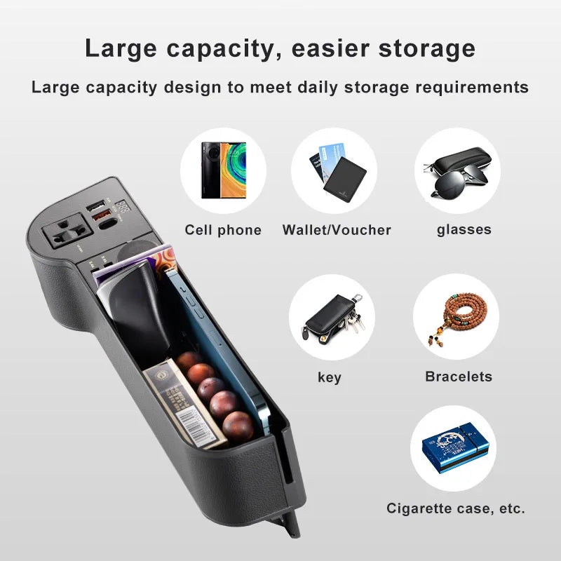 SEAMETAL Car Organizer Storage with 12V/24V to 220V Inverter 4-USB Ports QC3.0 Fast Charging for SmartphoneSeat Crevice Storage Box