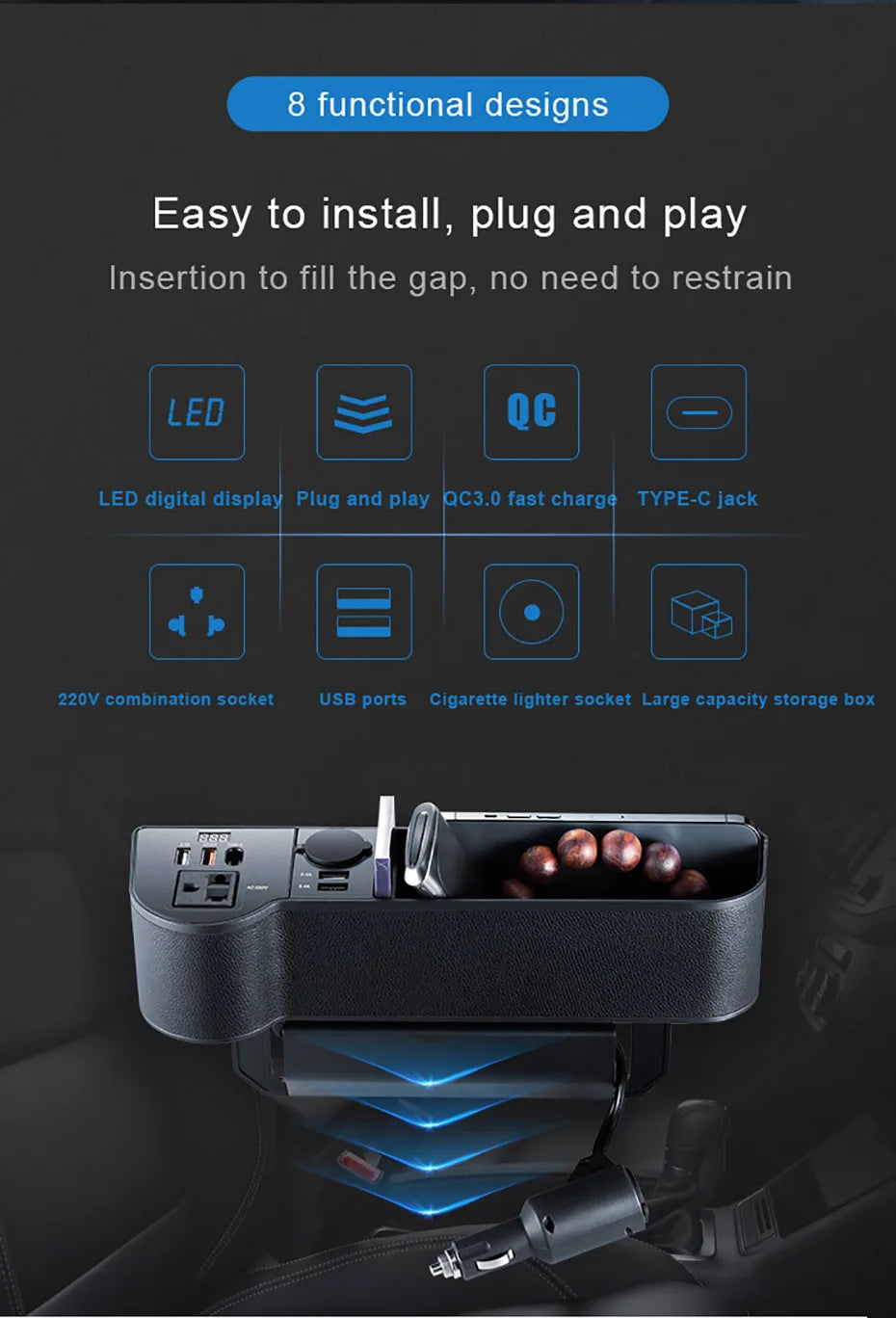 SEAMETAL Car Organizer Storage with 12V/24V to 220V Inverter 4-USB Ports QC3.0 Fast Charging for SmartphoneSeat Crevice Storage Box