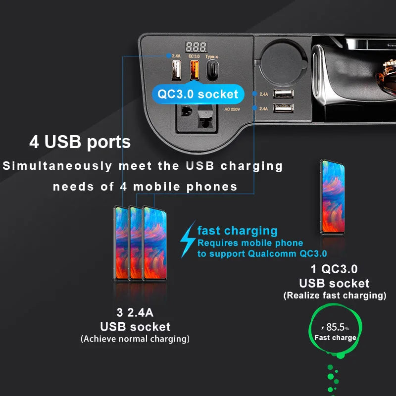 SEAMETAL Car Organizer Storage with 12V/24V to 220V Inverter 4-USB Ports QC3.0 Fast Charging for SmartphoneSeat Crevice Storage Box