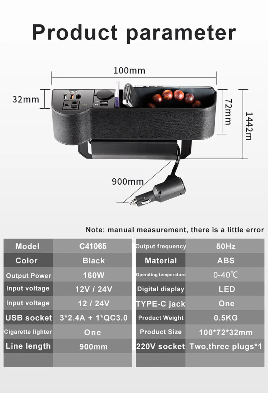 SEAMETAL Car Organizer Storage with 12V/24V to 220V Inverter 4-USB Ports QC3.0 Fast Charging for SmartphoneSeat Crevice Storage Box