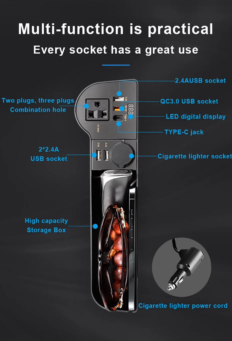 SEAMETAL Car Organizer Storage with 12V/24V to 220V Inverter 4-USB Ports QC3.0 Fast Charging for SmartphoneSeat Crevice Storage Box