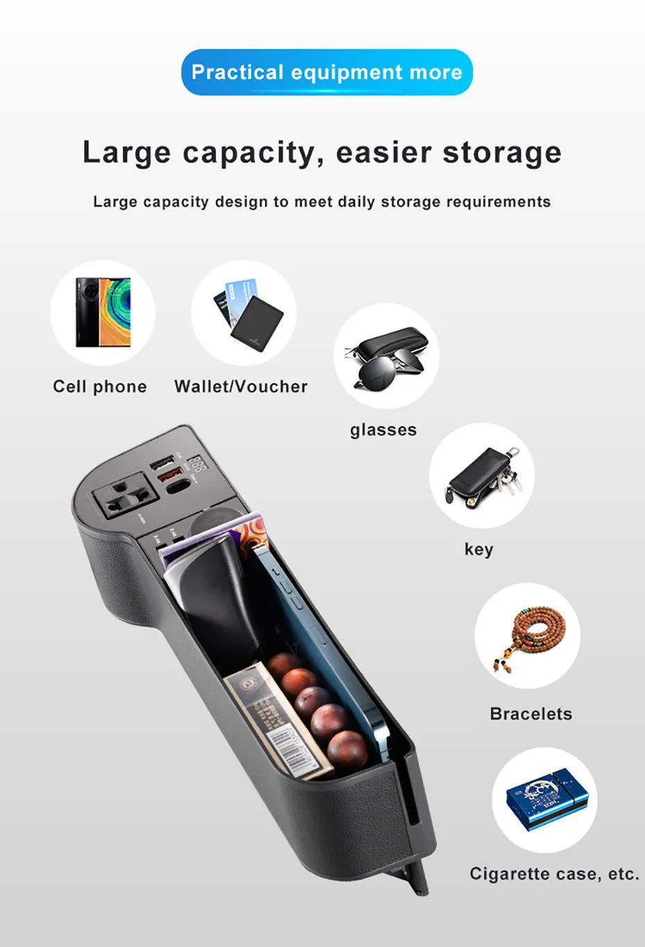 SEAMETAL Car Organizer Storage with 12V/24V to 220V Inverter 4-USB Ports QC3.0 Fast Charging for SmartphoneSeat Crevice Storage Box