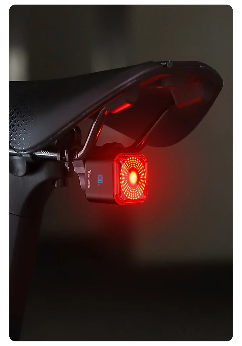 WEST BIKING Bicycle Rear Light Brake Sensing Digital Power Display Auto Start/Stop Long Endurance Taillight Cycling Accessories