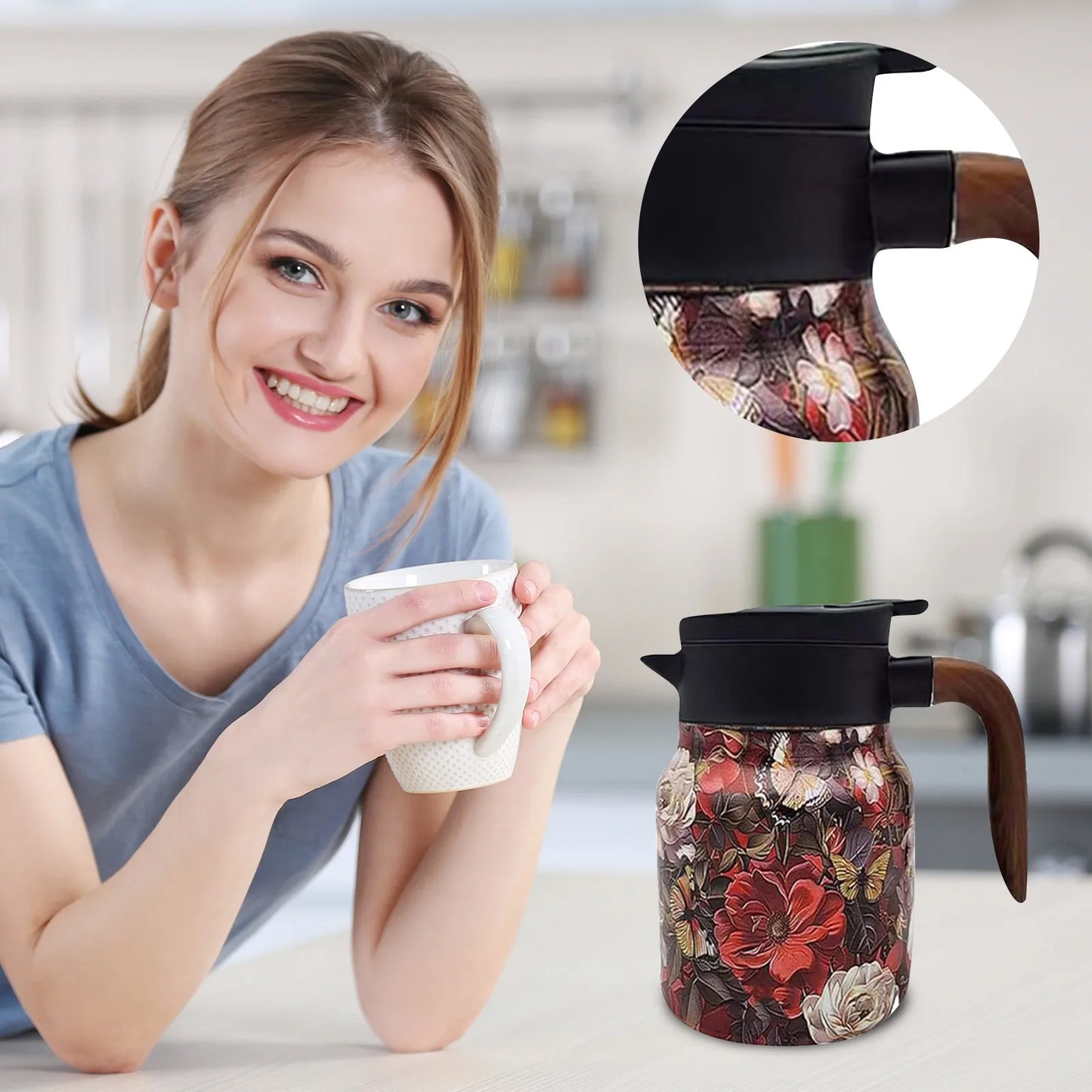 Vintage Floral Pattern Tea Thermos – Built-In Infuser 800/1000ml Floral Tea Kettle Stewed Teapot Tea Separation Water Bottle