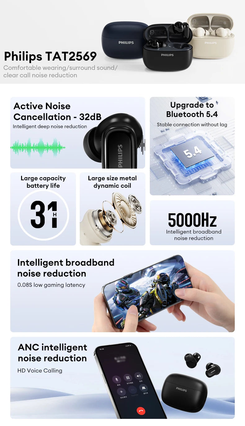 Original Philips TAT2569 Wireless Bluetooth V5.4 Noise Reduction IPX4 Waterproof Sport Earbuds t New Low Latency Gaming Headse