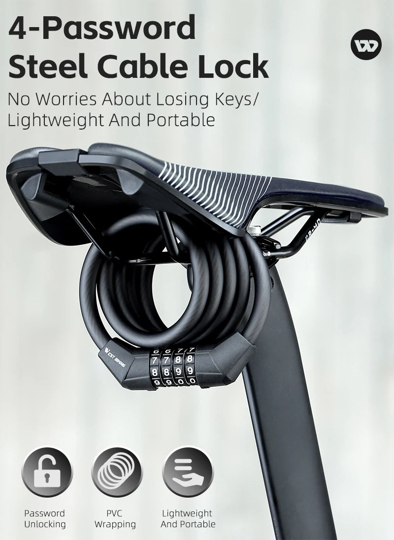 WEST BIKING Bicycle Lock 4 Digit Code 120cm Anti-theft Lock Bike Security Steel Cable Cycling Bicycle Lock Bike Accessories
