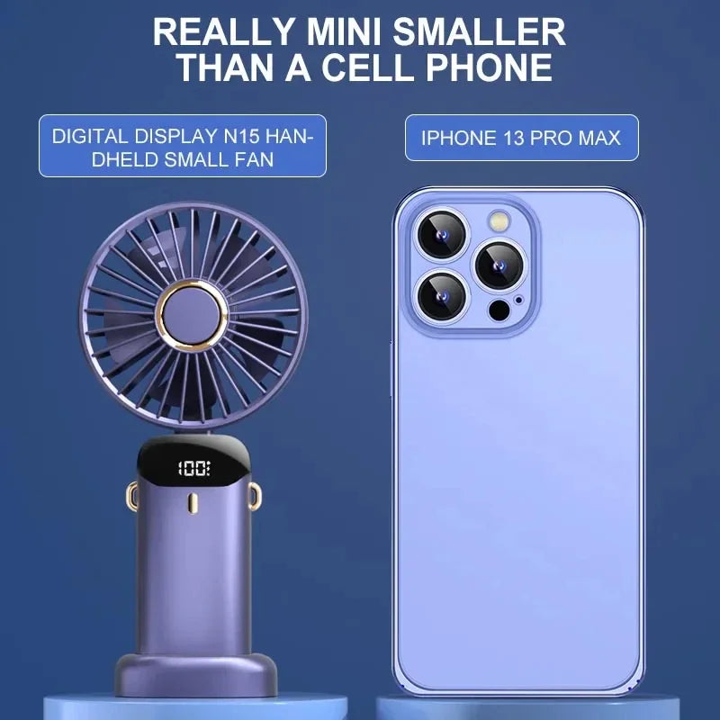 Handheld Mini USB Rechargeable Fan Foldable Portable Neck Hanging Fans 5 Speed with Phone Stand and Display Screen 1800mAh