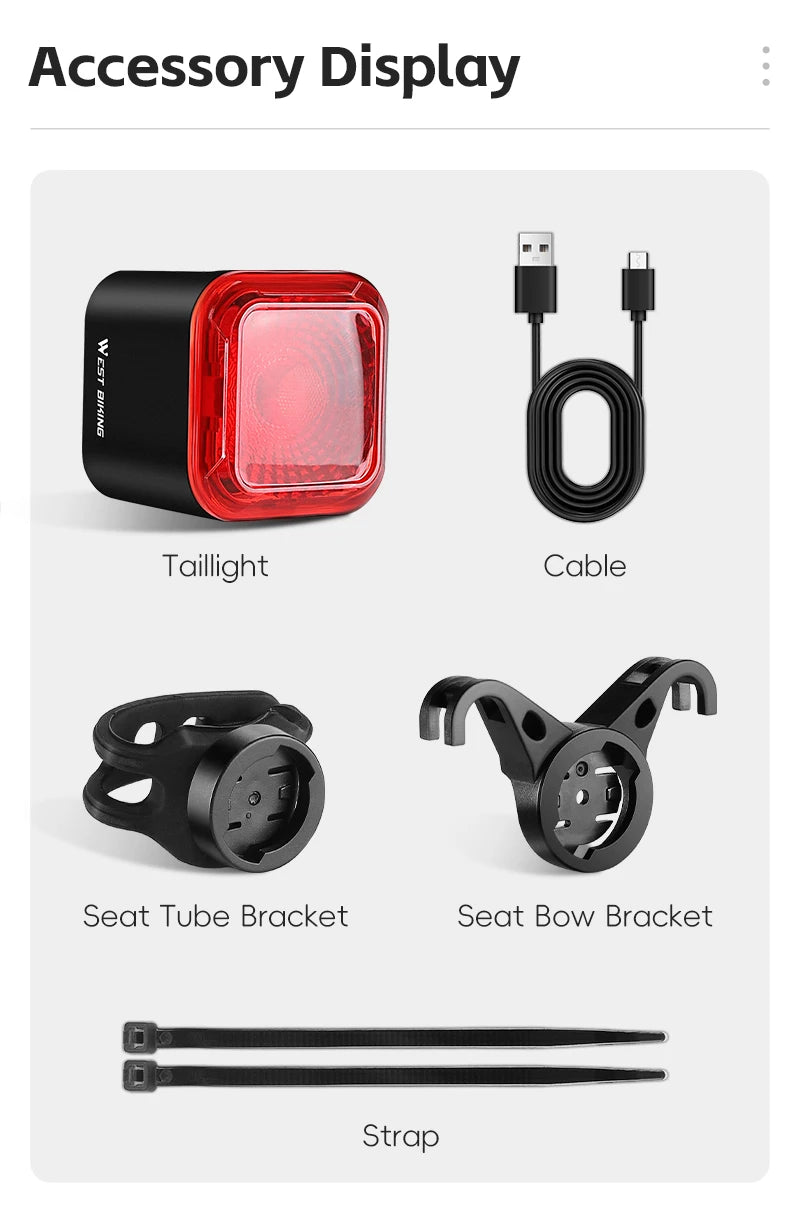 WEST BIKING Bicycle Rear Light Brake Sensing Digital Power Display Auto Start/Stop Long Endurance Taillight Cycling Accessories