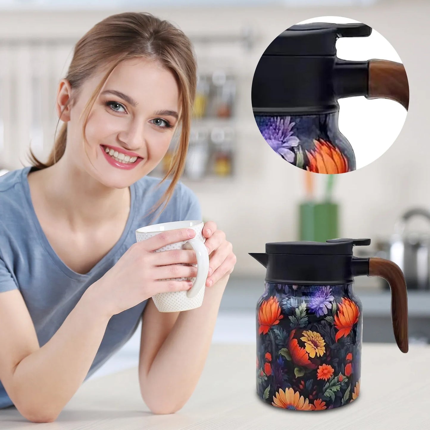 Vintage Floral Pattern Tea Thermos – Built-In Infuser 800/1000ml Floral Tea Kettle Stewed Teapot Tea Separation Water Bottle