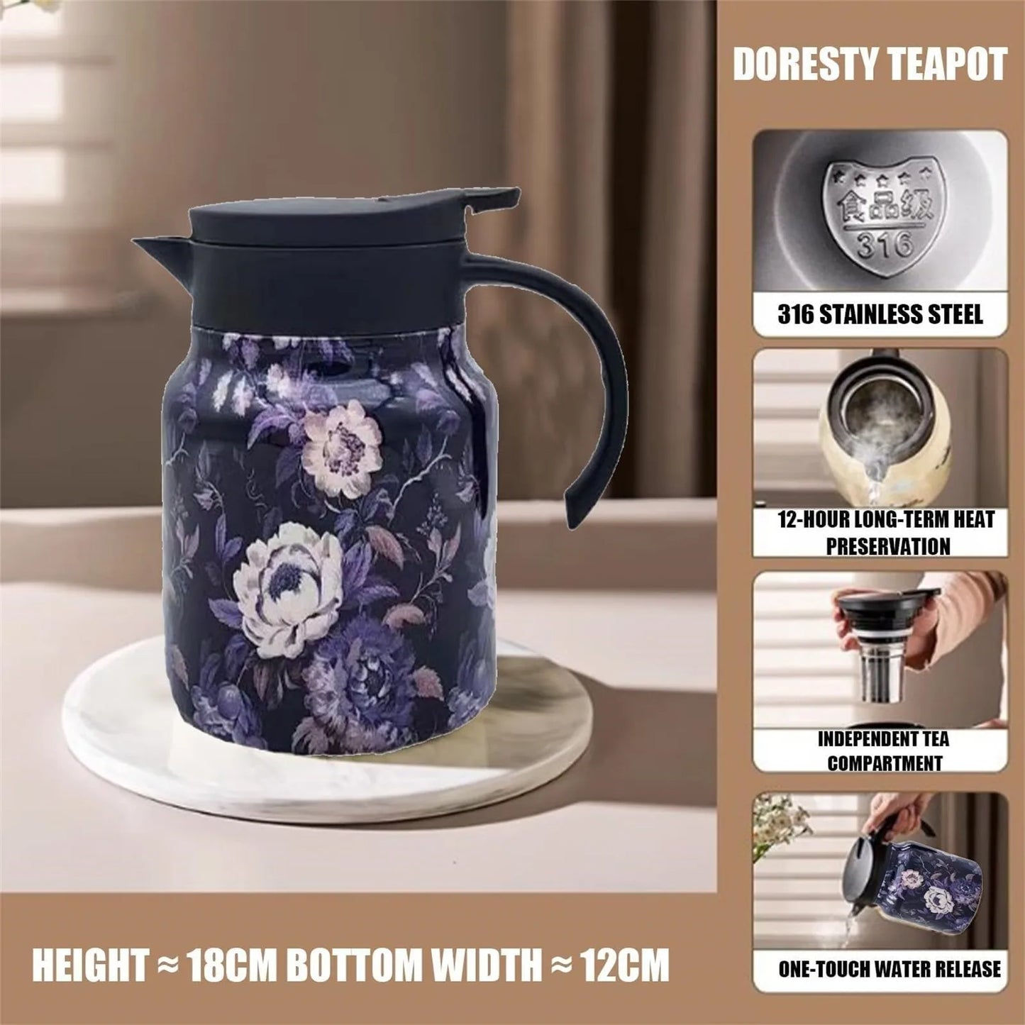 Vintage Floral Pattern Tea Thermos – Built-In Infuser 800/1000ml Floral Tea Kettle Stewed Teapot Tea Separation Water Bottle