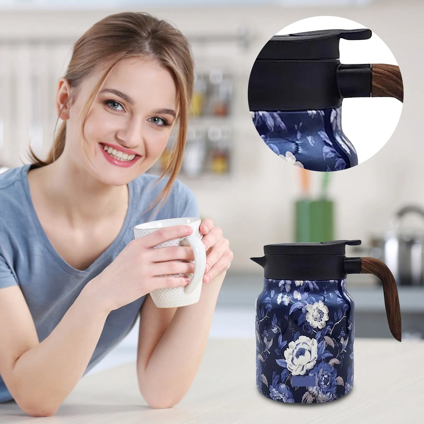 Vintage Floral Pattern Tea Thermos – Built-In Infuser 800/1000ml Floral Tea Kettle Stewed Teapot Tea Separation Water Bottle