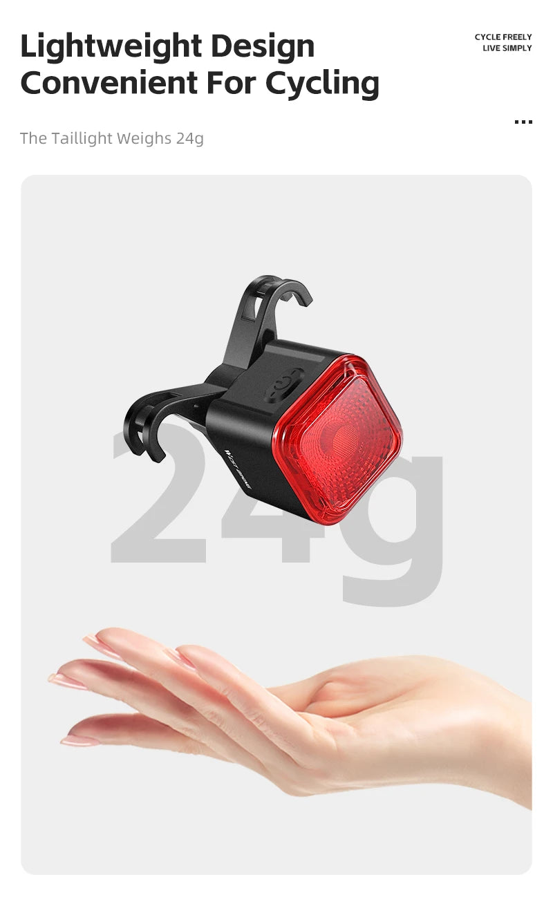 WEST BIKING Bicycle Rear Light Brake Sensing Digital Power Display Auto Start/Stop Long Endurance Taillight Cycling Accessories