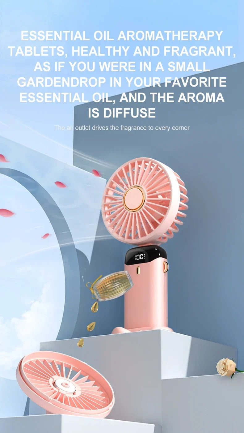 Handheld Mini USB Rechargeable Fan Foldable Portable Neck Hanging Fans 5 Speed with Phone Stand and Display Screen 1800mAh