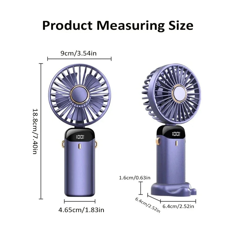 Handheld Mini USB Rechargeable Fan Foldable Portable Neck Hanging Fans 5 Speed with Phone Stand and Display Screen 1800mAh