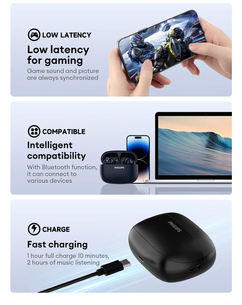Original Philips TAT2569 Wireless Bluetooth V5.4 Noise Reduction IPX4 Waterproof Sport Earbuds t New Low Latency Gaming Headse