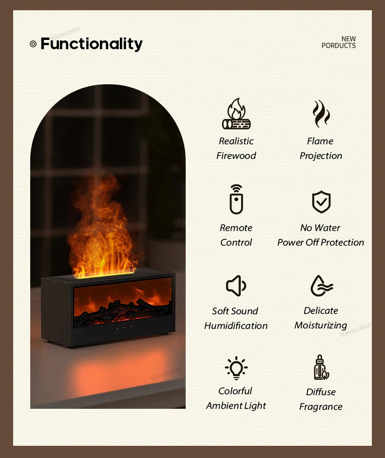 New Creative Fireplace Aroma Diffuser 150ml Waterless Auto-Off Colorful Flame Air Humidifier with Remote for Home Bedroom Gift