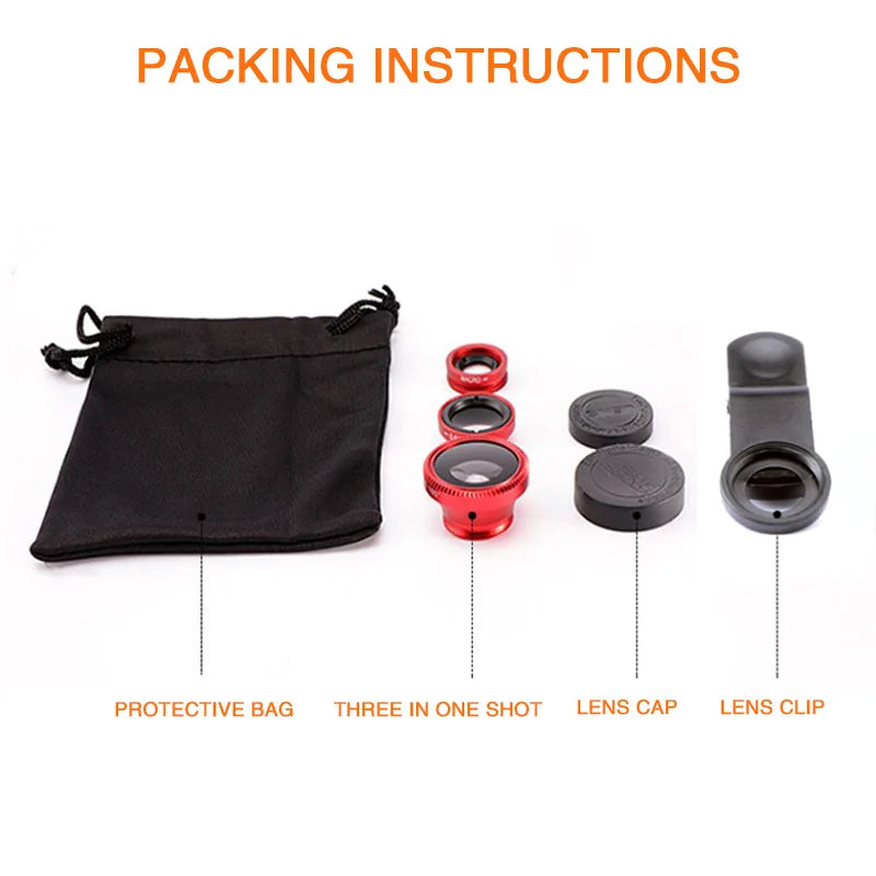 3 in 1 Fisheye Phone Lens Wide Angle Zoom Lens Fish Eye Macro Lenses Camera Kits With Clip Lens On The Phone For All Smart Phone