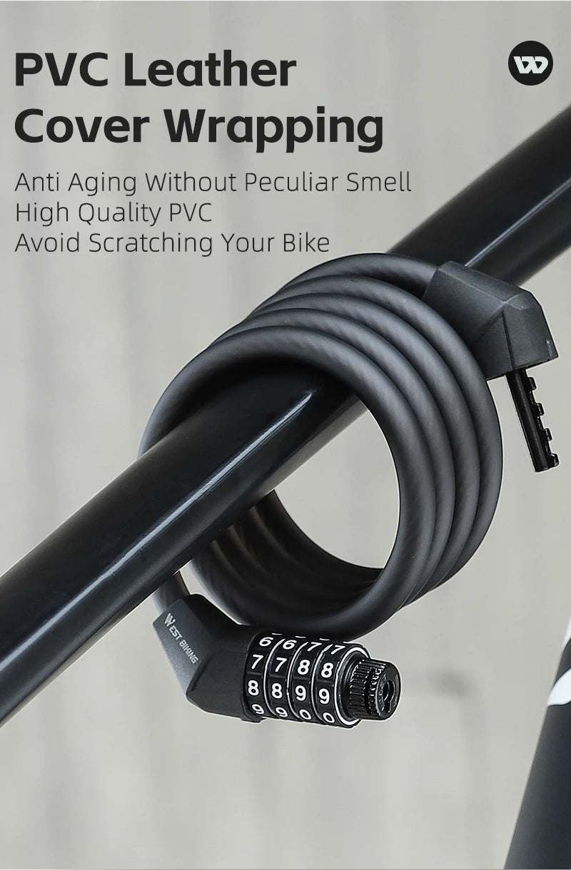 WEST BIKING Bicycle Lock 4 Digit Code 120cm Anti-theft Lock Bike Security Steel Cable Cycling Bicycle Lock Bike Accessories