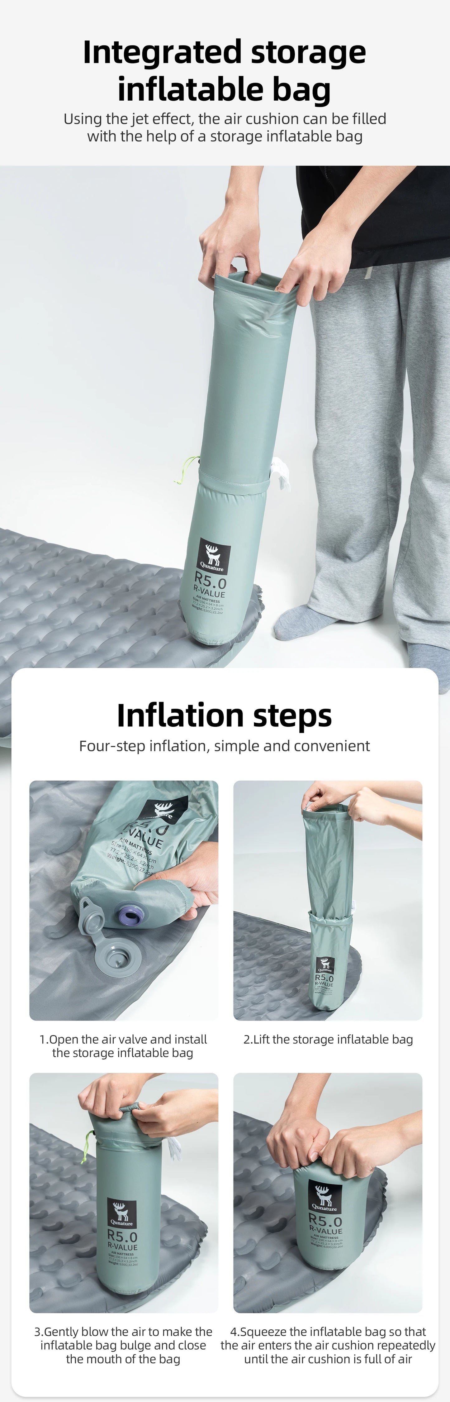 Qunature Outdoor Camping Inflatable Mattress Sleeping Pad Ultralight Hiking Waterproof Picnic Pad Foldable Sleeping Mattress