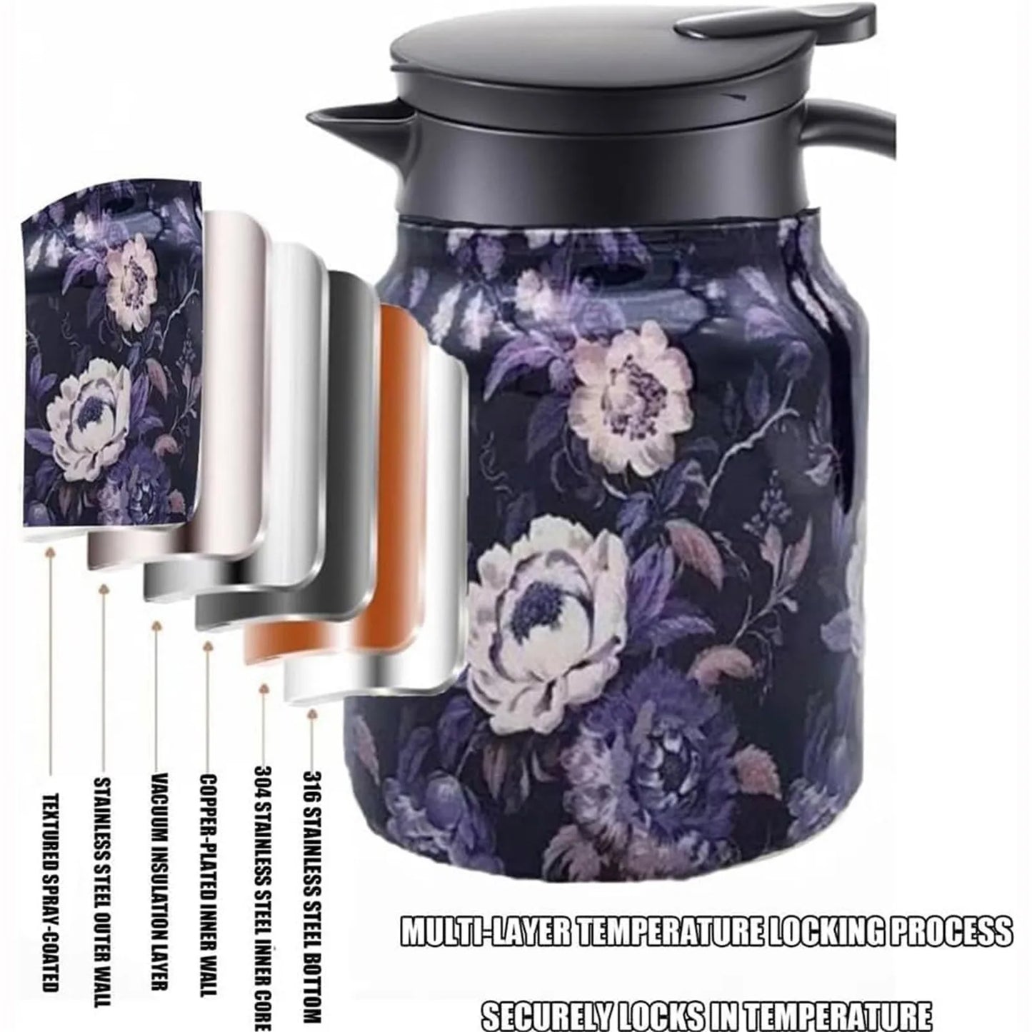 Vintage Floral Pattern Tea Thermos – Built-In Infuser 800/1000ml Floral Tea Kettle Stewed Teapot Tea Separation Water Bottle