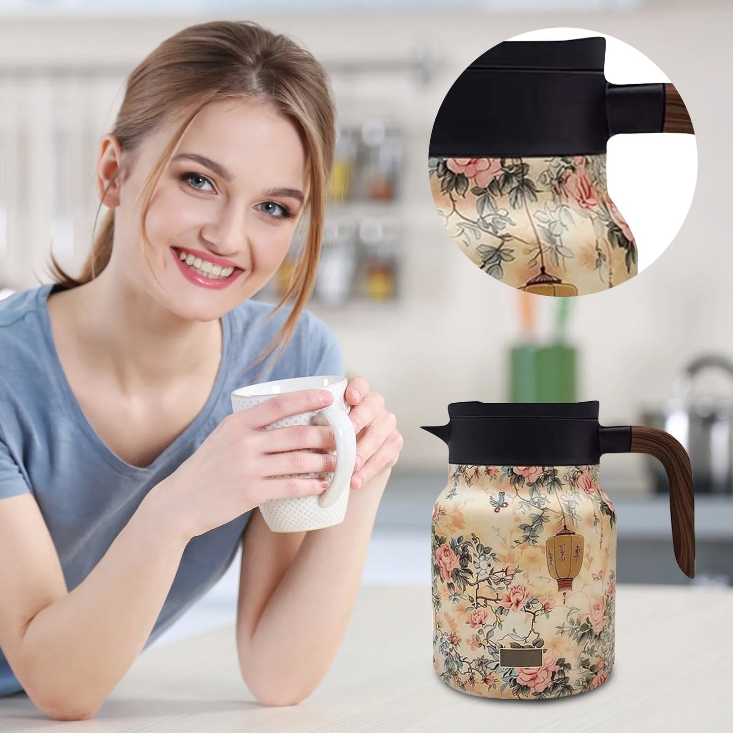 Vintage Floral Pattern Tea Thermos – Built-In Infuser 800/1000ml Floral Tea Kettle Stewed Teapot Tea Separation Water Bottle