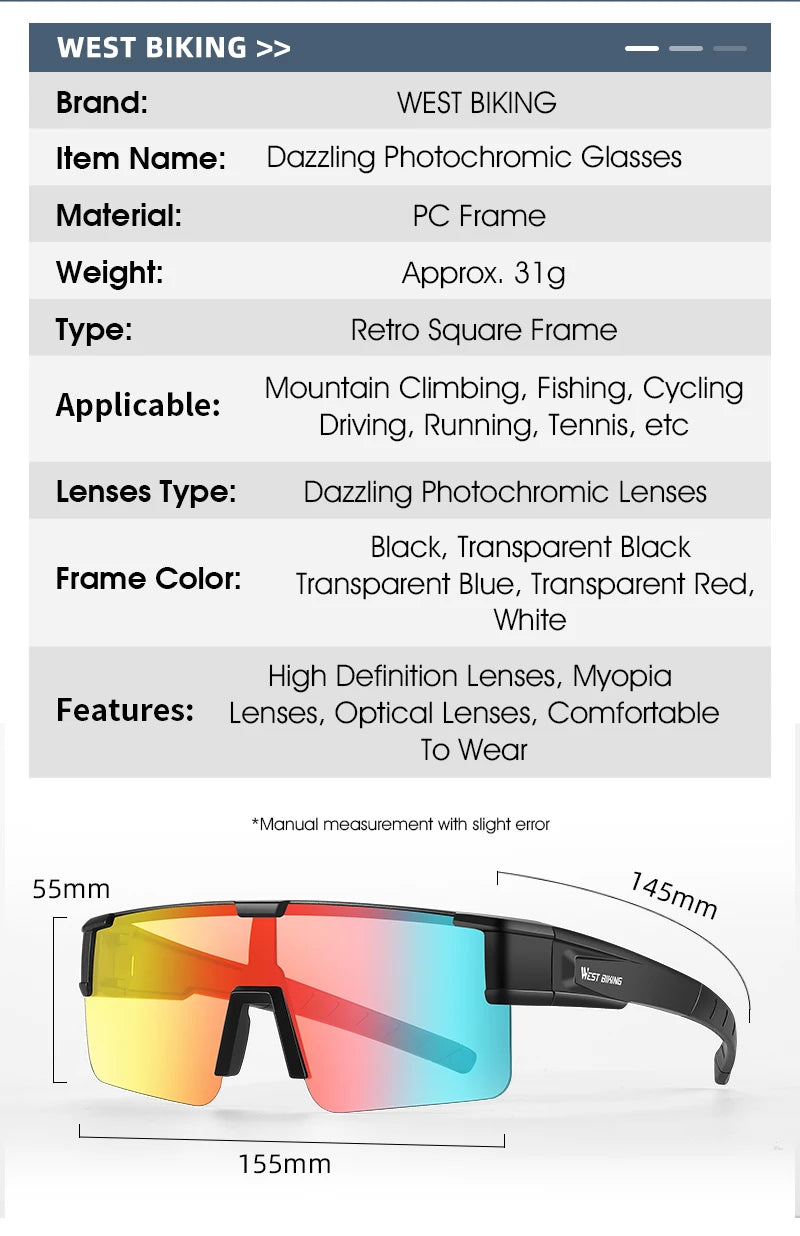 WEST BIKING Cycling Glasses Photochromic MTB Road Bike Glasses UV400 Protection Sunglasses Sport Polarized Eyewear Goggles