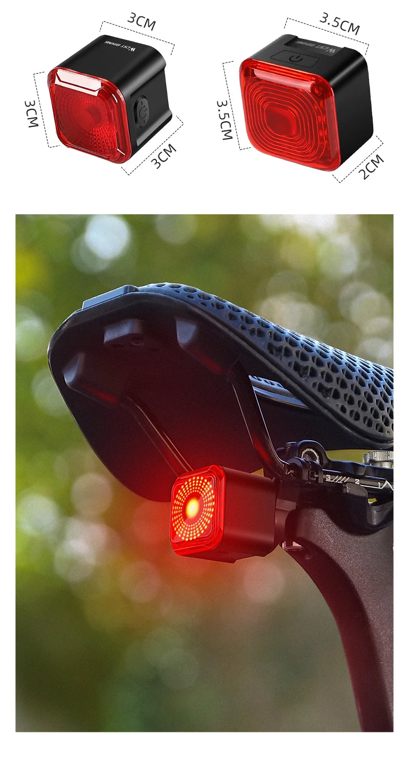 WEST BIKING Bicycle Rear Light Brake Sensing Digital Power Display Auto Start/Stop Long Endurance Taillight Cycling Accessories