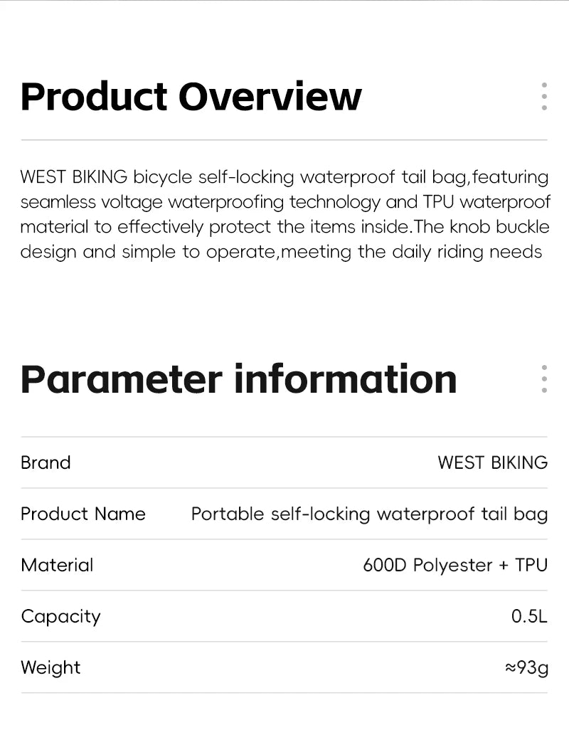 WEST BIKING Bicycle Saddle Bag 600D TPU Seamless Waterproof Wear-Resistant Rotating Lacing Buckle Mini Saddlebag Bike Accessory