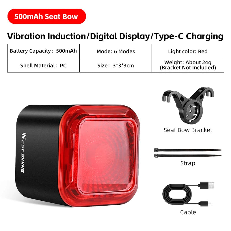 WEST BIKING Bicycle Rear Light Brake Sensing Digital Power Display Auto Start/Stop Long Endurance Taillight Cycling Accessories