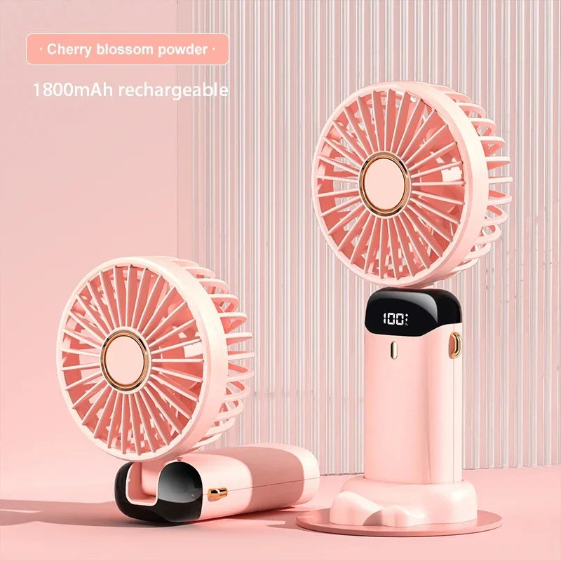 Handheld Mini USB Rechargeable Fan Foldable Portable Neck Hanging Fans 5 Speed with Phone Stand and Display Screen 1800mAh