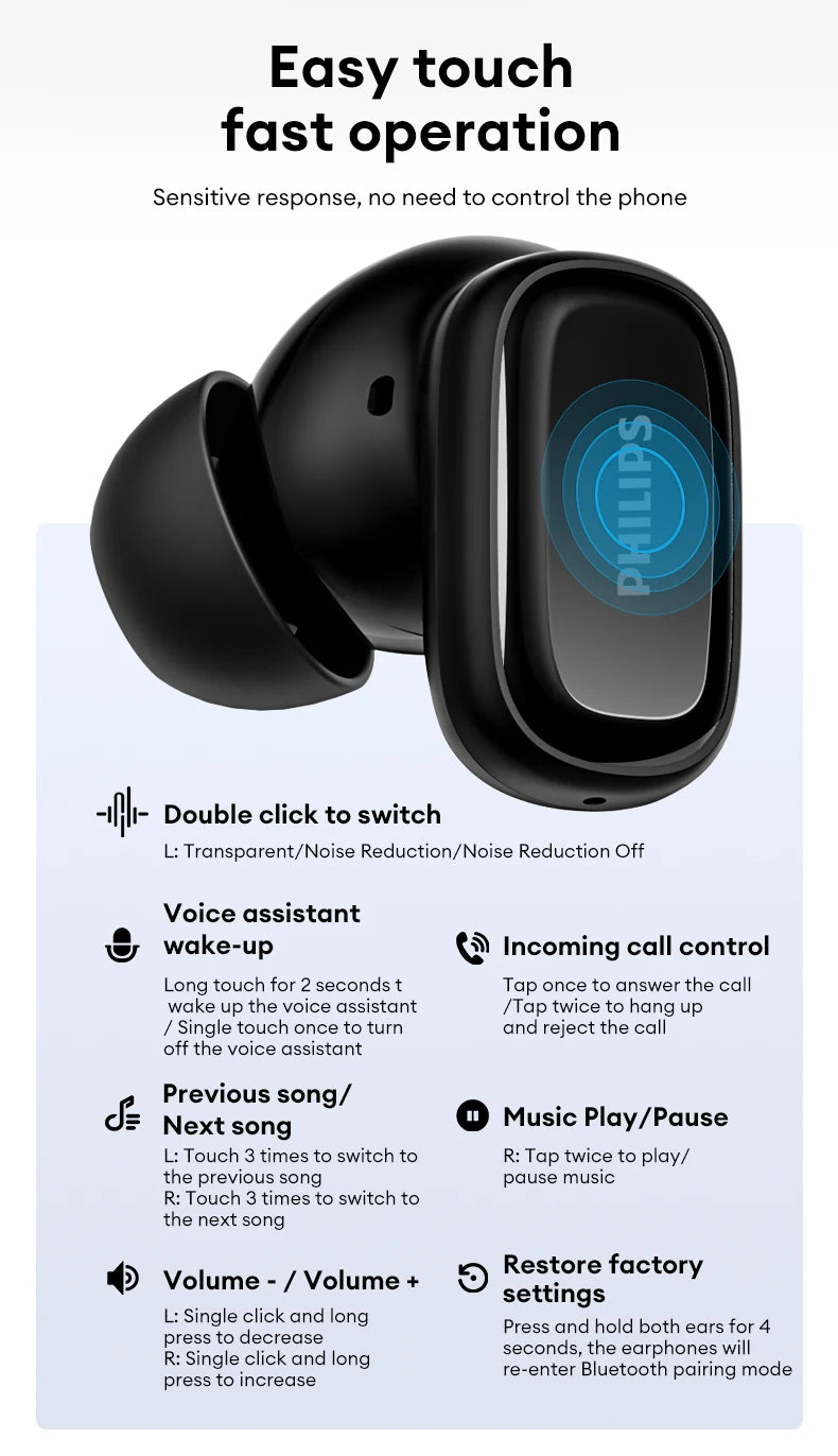 Original Philips TAT2569 Wireless Bluetooth V5.4 Noise Reduction IPX4 Waterproof Sport Earbuds t New Low Latency Gaming Headse