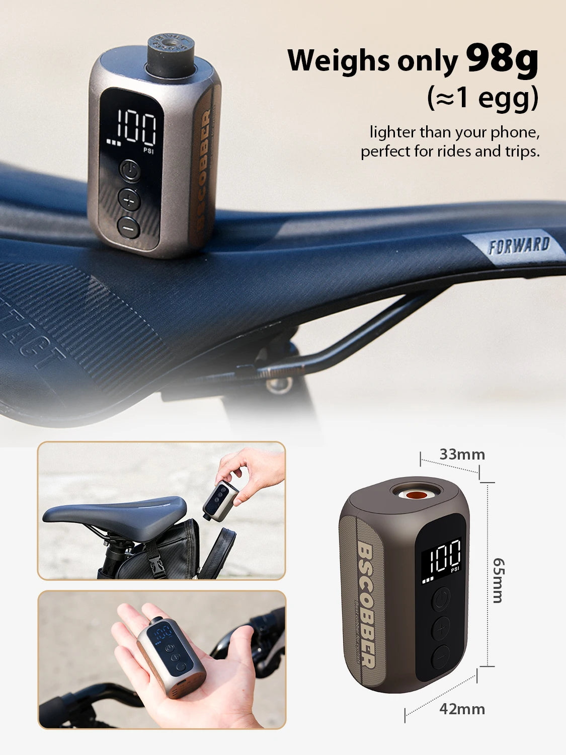 BSCOBBER A5mini Portable Air Pump Portable Rechargeable Wireless Bicycle Accessories Tire Inflator  100PSI High Pressure