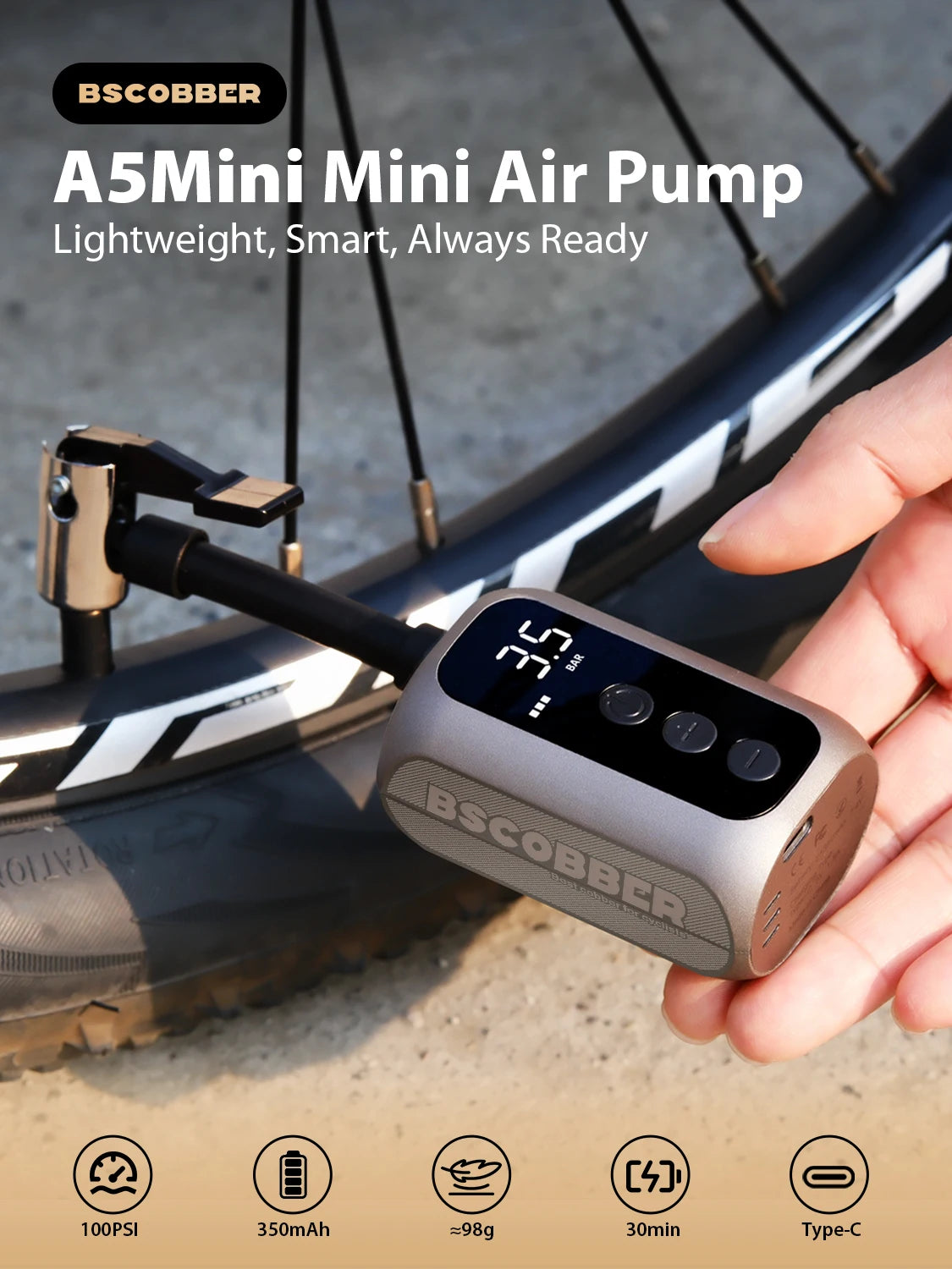 BSCOBBER A5mini Portable Air Pump Portable Rechargeable Wireless Bicycle Accessories Tire Inflator  100PSI High Pressure