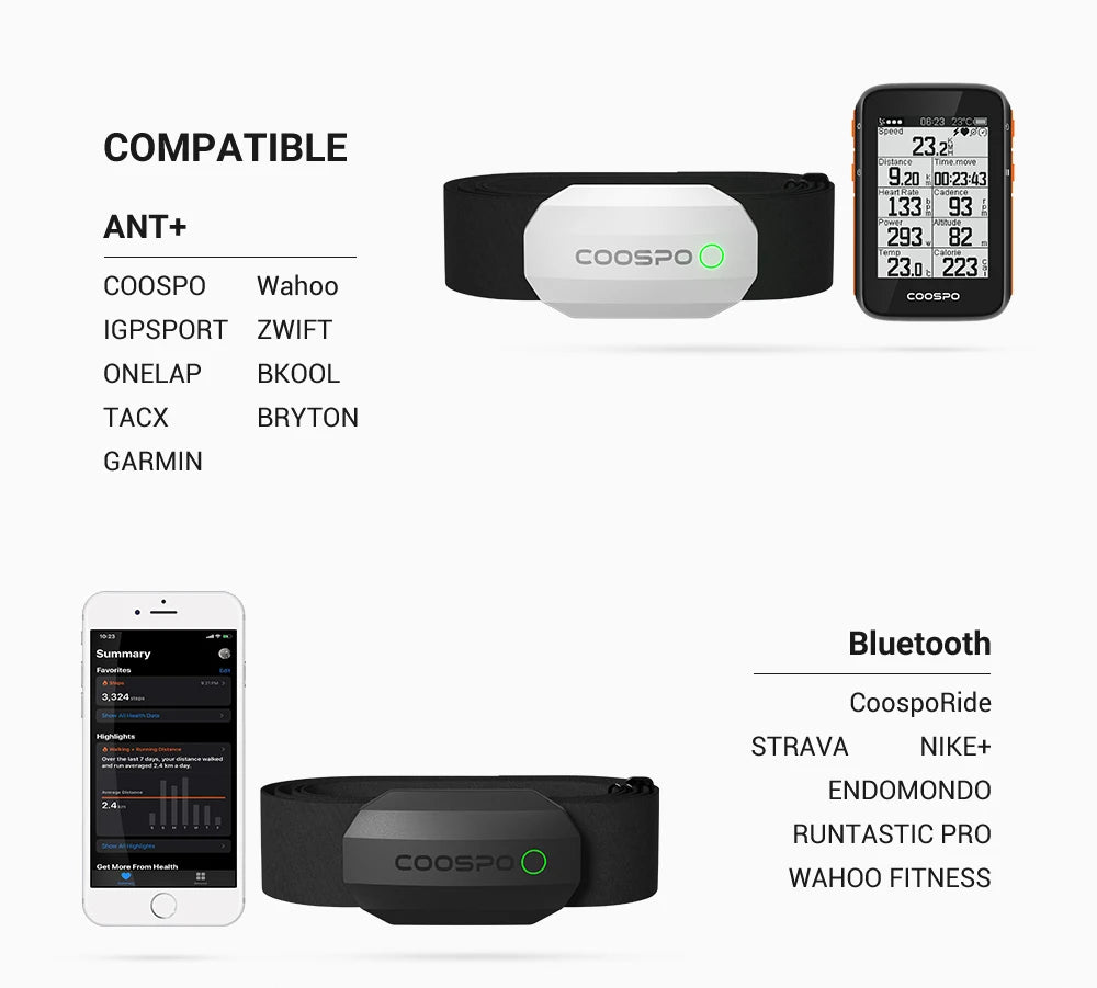 COOSPO Heart Rate Sensor With Chest Strap Dual Mode ANT Bluetooth H808S Cycling Computer for Wahoo Garmin Zwift Sports Monitor