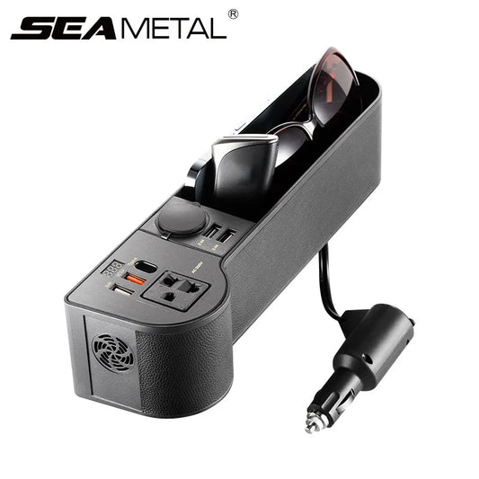 SEAMETAL Car Organizer Storage with 12V/24V to 220V Inverter 4-USB Ports QC3.0 Fast Charging for SmartphoneSeat Crevice Storage Box