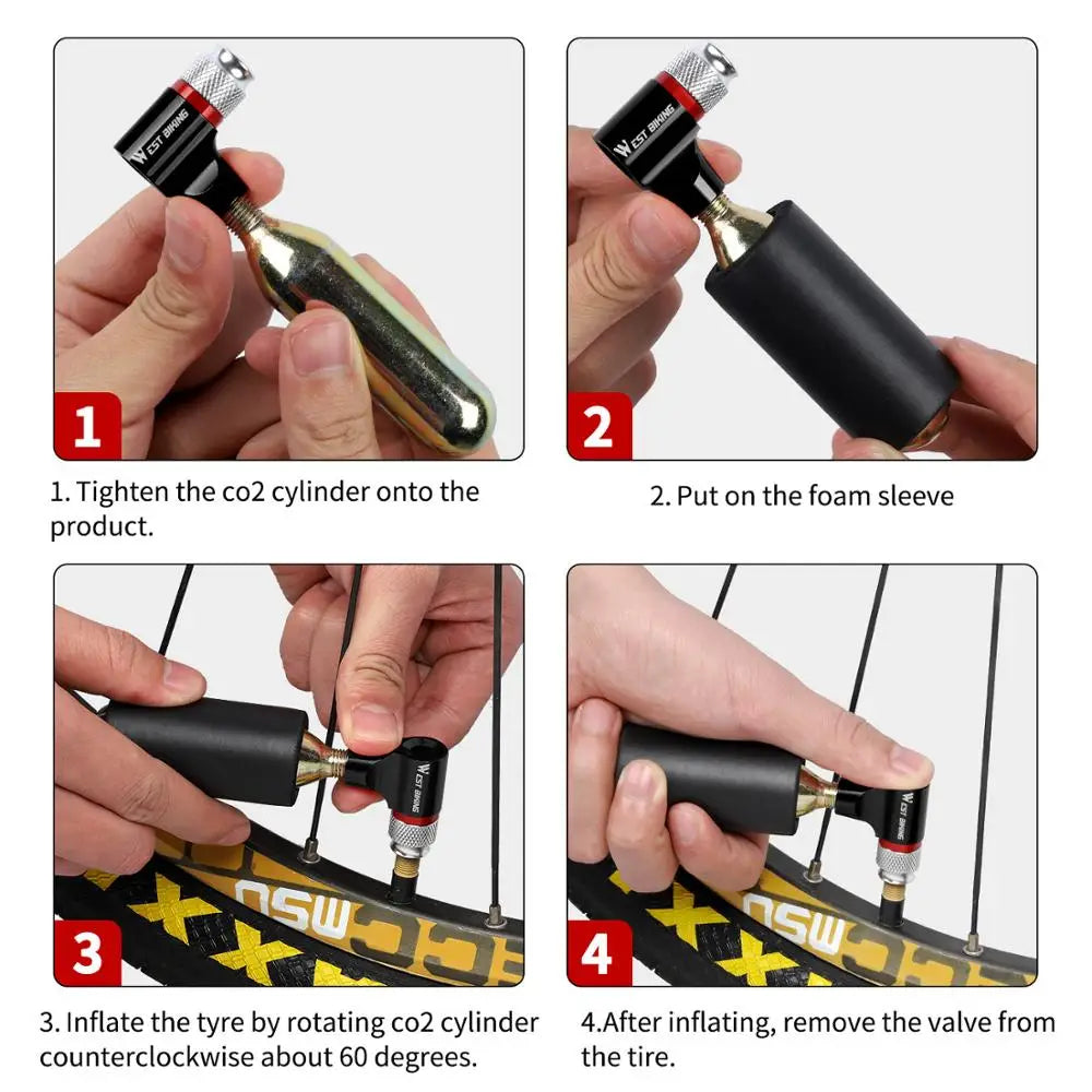 WEST BIKING Portable Bike Pump CO2 Air Inflator Insulated Cover Schrader & Presta Valve Mini Bicycle Pump Bicycle Accessories