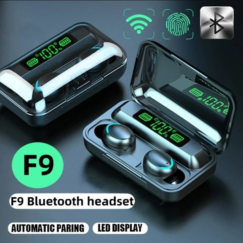 F9 TWS Earphones Wireless Bluetooth 9D HiFi Sports Noise Reduction Headphone Touch Control HD Call Earbuds In-Ear Gamer Headsets