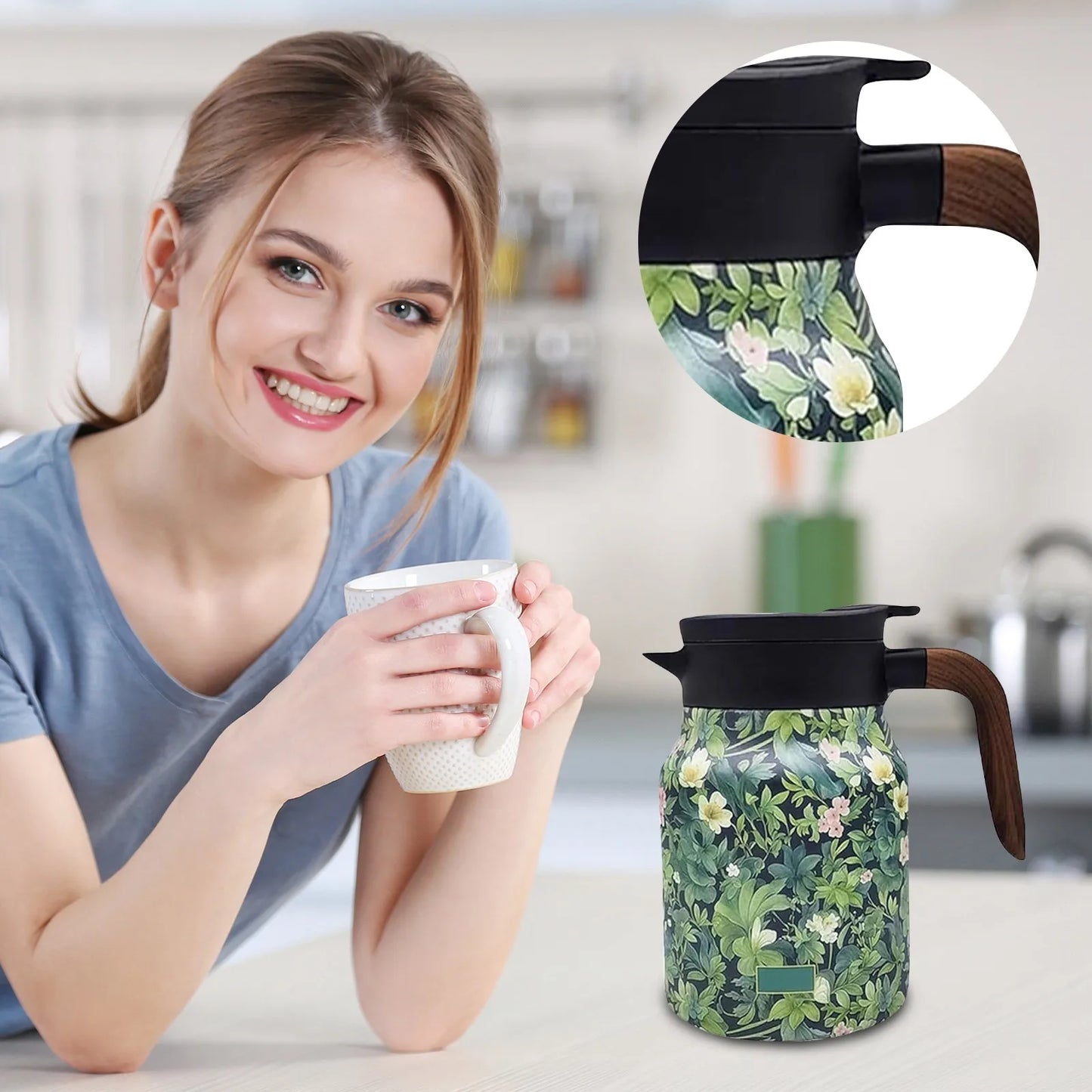 Vintage Floral Pattern Tea Thermos – Built-In Infuser 800/1000ml Floral Tea Kettle Stewed Teapot Tea Separation Water Bottle