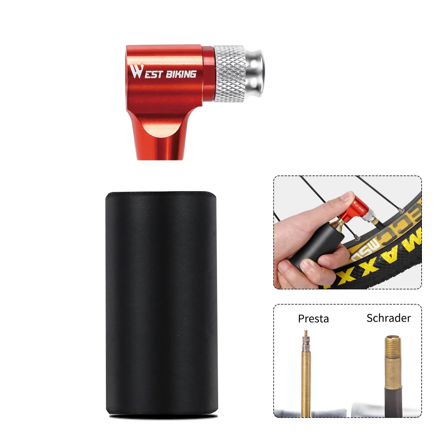 WEST BIKING Portable Bike Pump CO2 Air Inflator Insulated Cover Schrader & Presta Valve Mini Bicycle Pump Bicycle Accessories