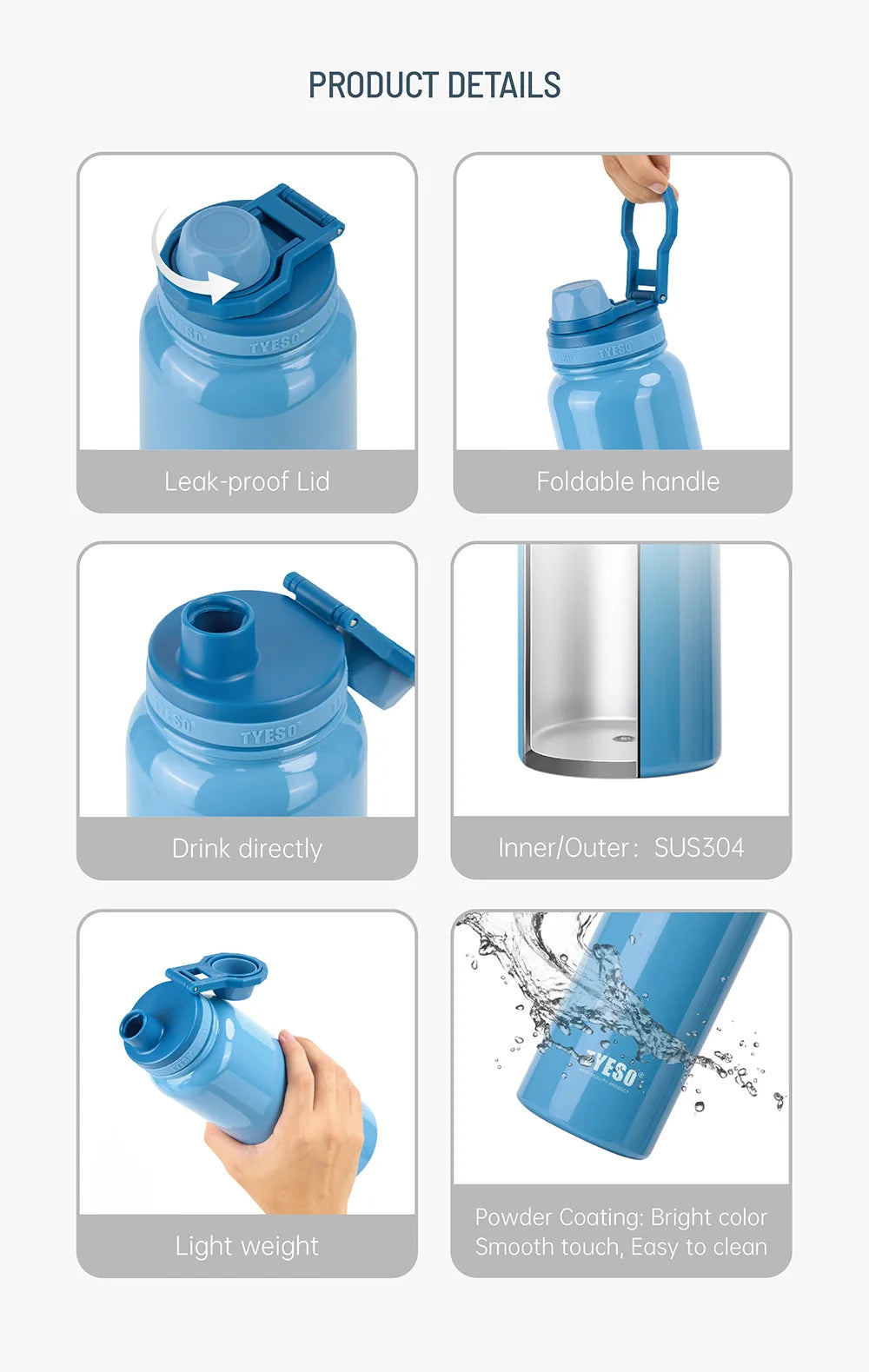 Tyeso Stainless Steel Thermal Water Bottle Portable Tumbler Sport Vacuum Flask Keeps Cold and Heat Thermal Mug Car Insulated Cup