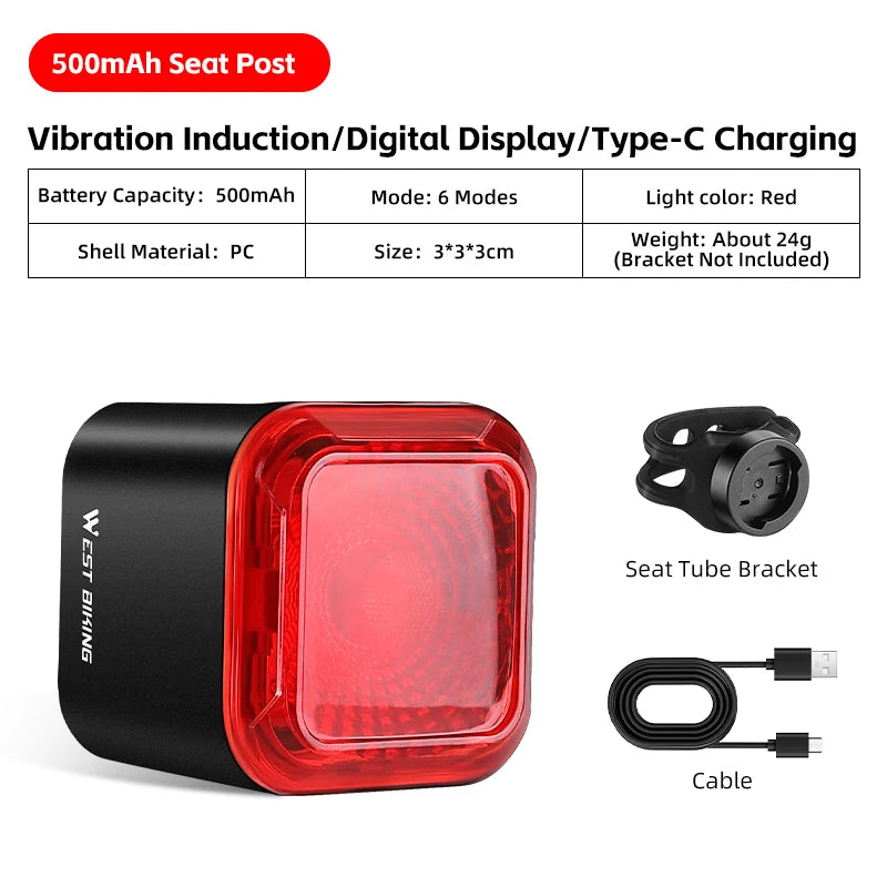 WEST BIKING Bicycle Rear Light Brake Sensing Digital Power Display Auto Start/Stop Long Endurance Taillight Cycling Accessories