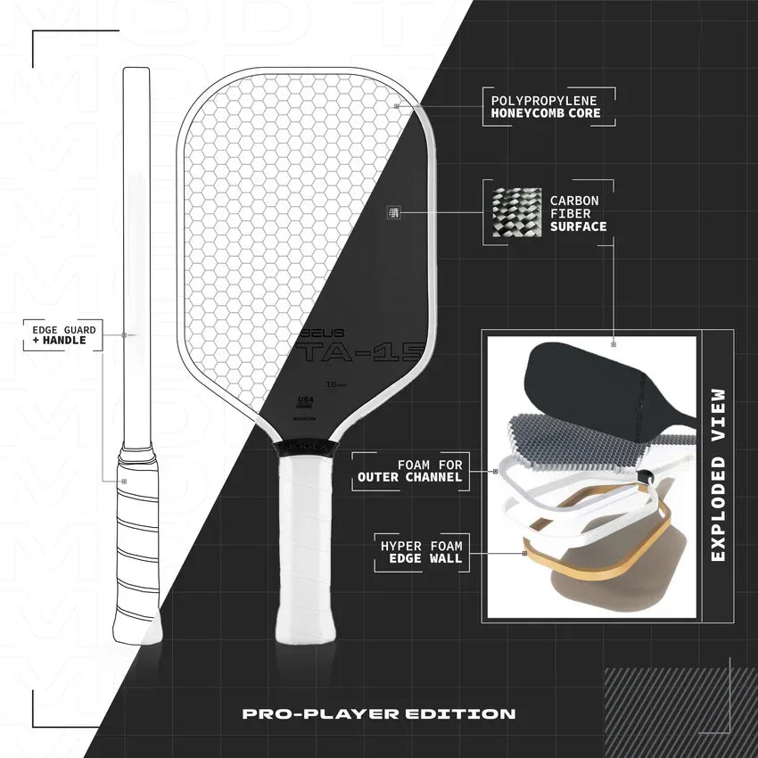 Carbon Fiber Pickleball Paddle 16mm  Pro Player Edition Gen 3 Propulsion Core Thermoformed Elite Graphite Toray T700 MOD TA-15