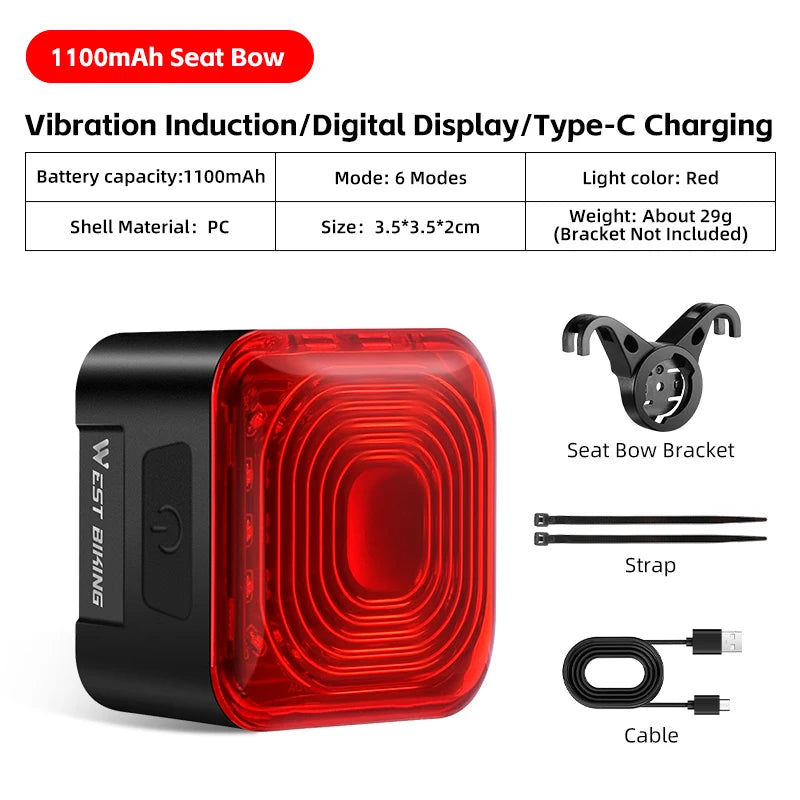 WEST BIKING Bicycle Rear Light Brake Sensing Digital Power Display Auto Start/Stop Long Endurance Taillight Cycling Accessories