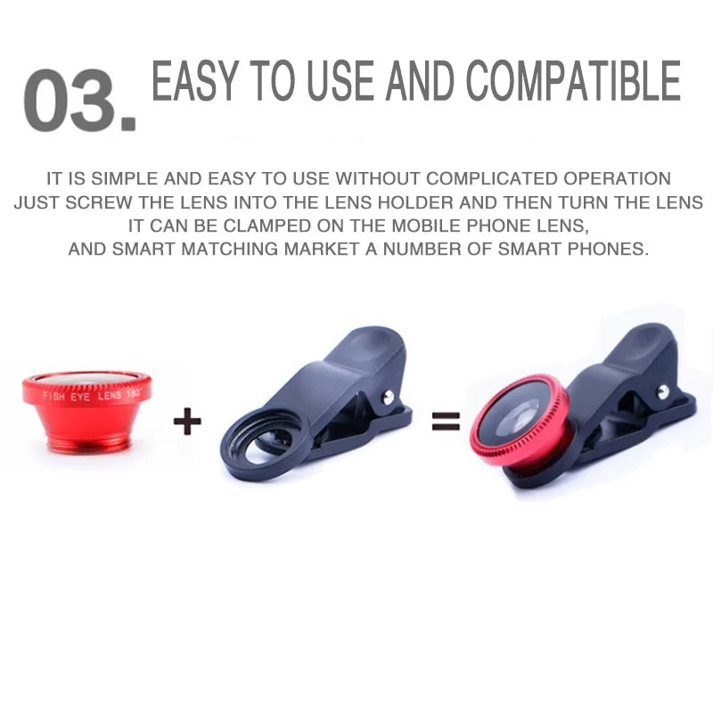 3 in 1 Fisheye Phone Lens Wide Angle Zoom Lens Fish Eye Macro Lenses Camera Kits With Clip Lens On The Phone For All Smart Phone