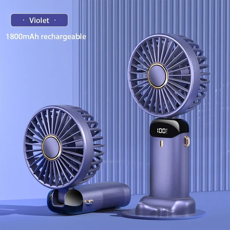 Handheld Mini USB Rechargeable Fan Foldable Portable Neck Hanging Fans 5 Speed with Phone Stand and Display Screen 1800mAh