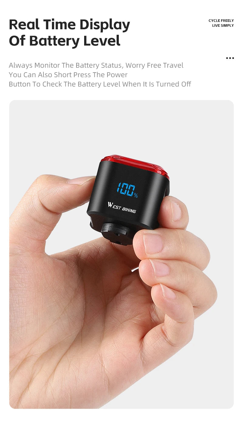 WEST BIKING Bicycle Rear Light Brake Sensing Digital Power Display Auto Start/Stop Long Endurance Taillight Cycling Accessories