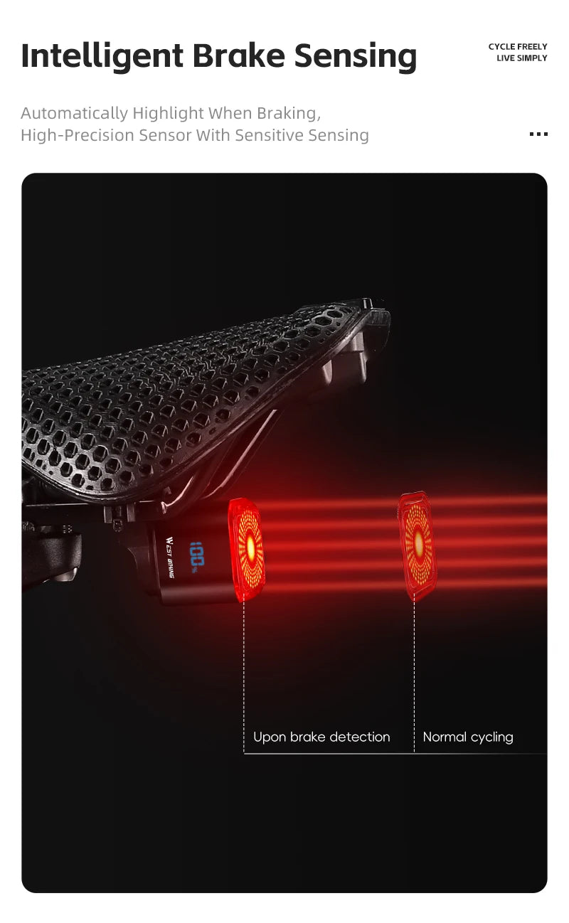 WEST BIKING Bicycle Rear Light Brake Sensing Digital Power Display Auto Start/Stop Long Endurance Taillight Cycling Accessories
