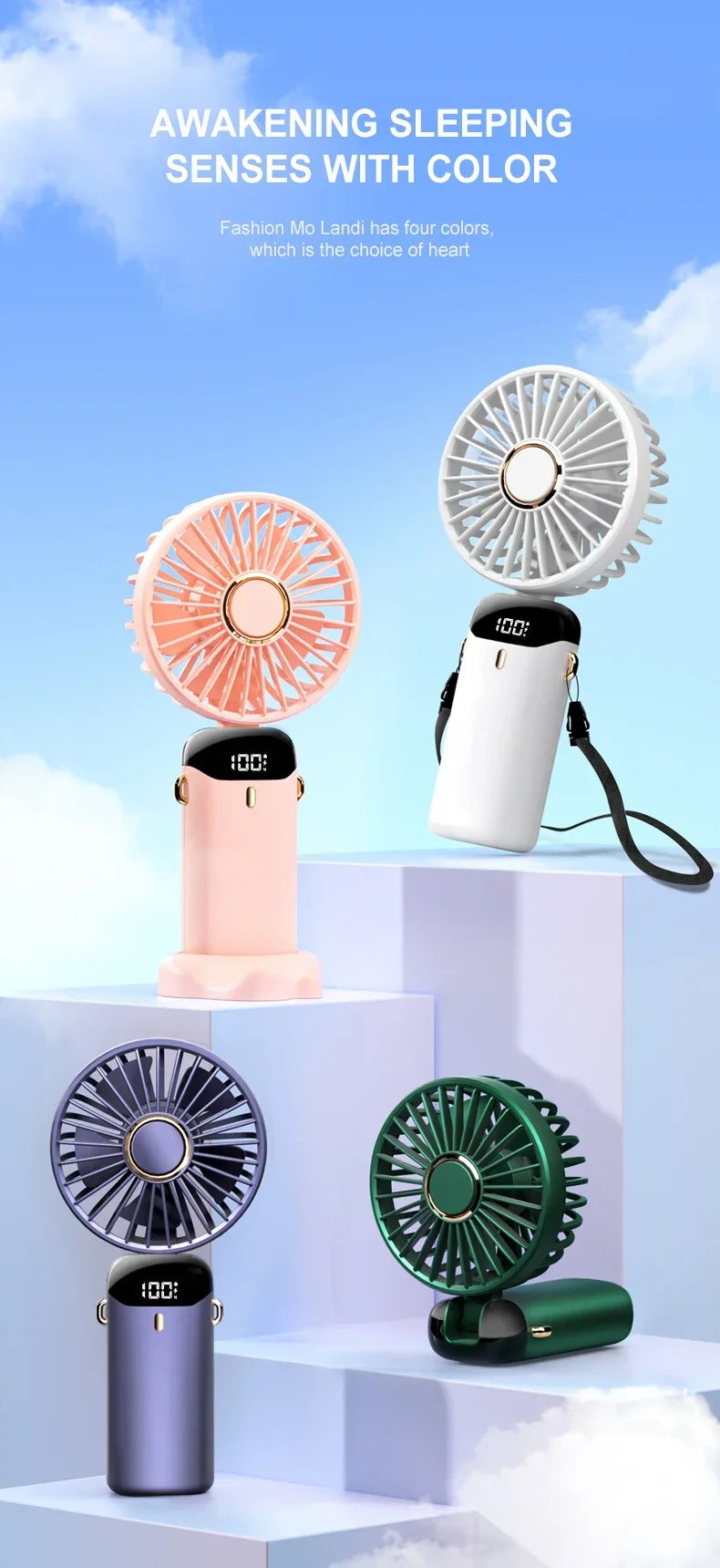Handheld Mini USB Rechargeable Fan Foldable Portable Neck Hanging Fans 5 Speed with Phone Stand and Display Screen 1800mAh
