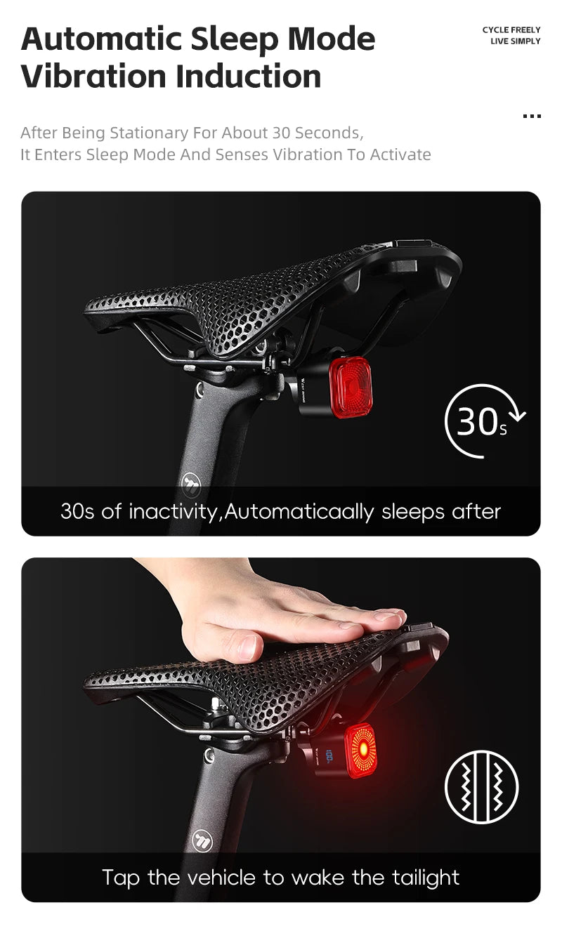WEST BIKING Bicycle Rear Light Brake Sensing Digital Power Display Auto Start/Stop Long Endurance Taillight Cycling Accessories